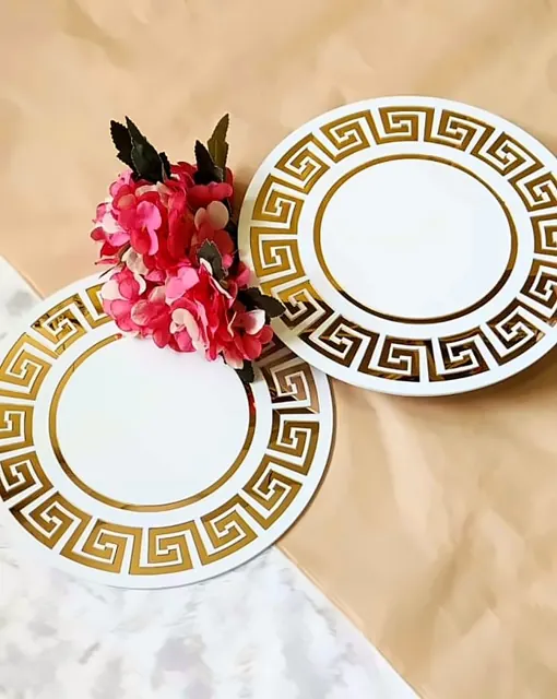 Greek Key Round Mats, White & Gold